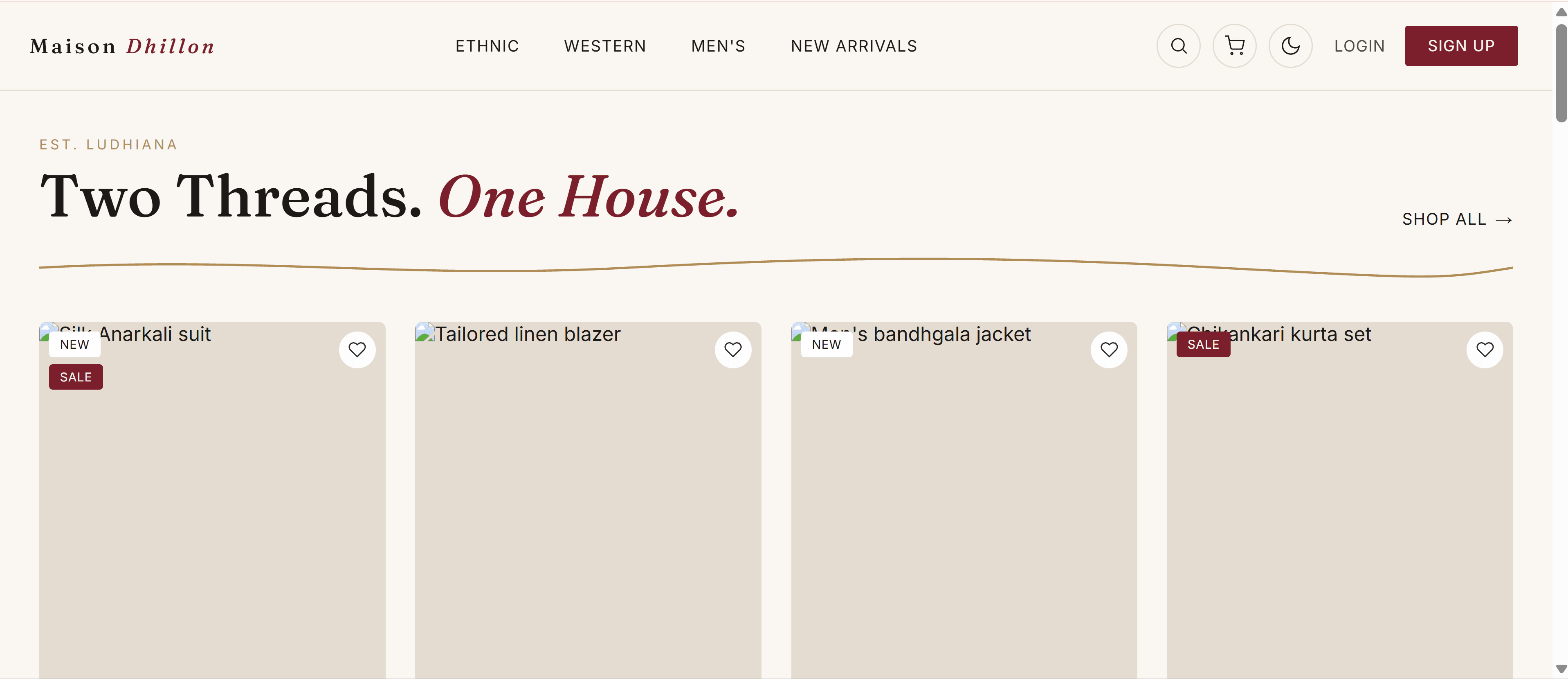 Maison Dhillon fashion e-commerce homepage interface