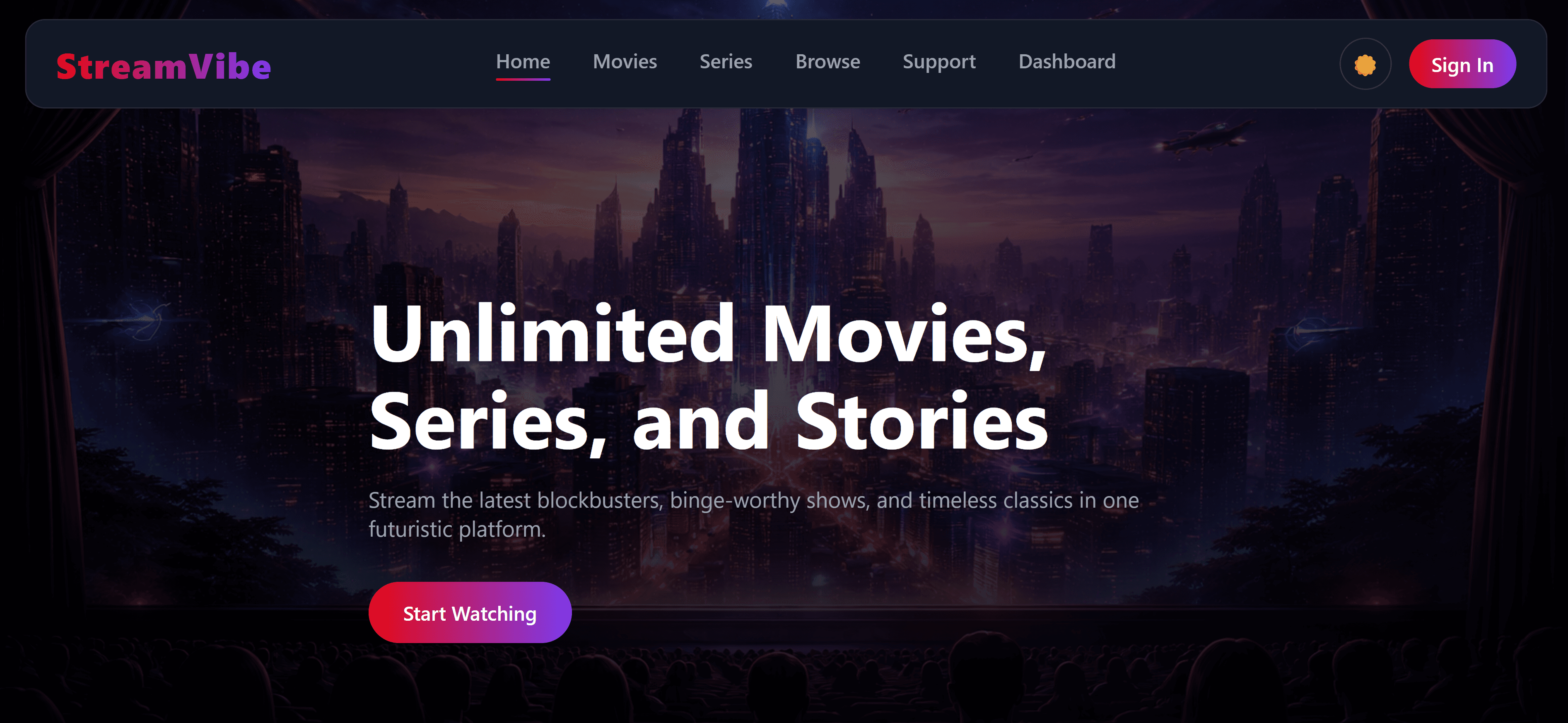 SteamVibe streaming website interface built with Next.js